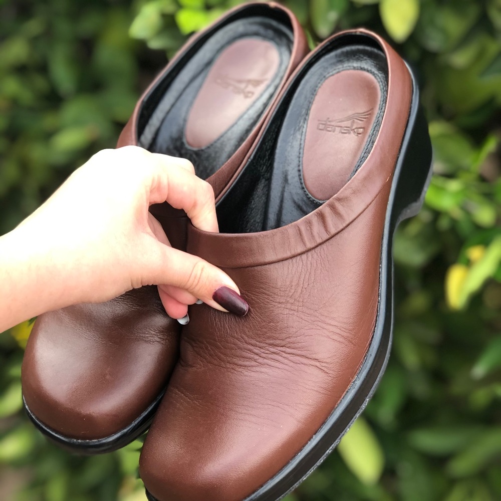 Brown leather dansko slip ons